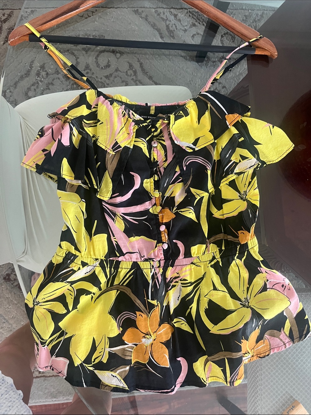Who What Wear Black Floral Ruffle Cami with Yellow & Pink Print